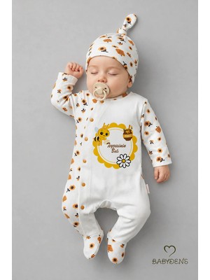 Babyden's Teyzesinin Balı Yazılı Yenidoğan Bebek Tulumu Şapka Seti Arı Desenli %100 Pamuk Çıtçıtlı Bebek Tulum