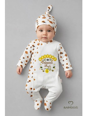 Babyden's Babasının Balı Yazılı Yenidoğan Bebek Tulumu Şapka Seti Arı Desenli %100 Pamuk Çıtçıtlı Bebek Tulum