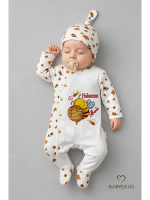 Babyden's Halasının Balı Yazılı Yenidoğan Bebek Tulumu Şapka Seti Arı Desenli %100 Pamuk Çıtçıtlı Bebek Tulum