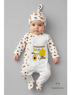 Babyden's Anneannesinin Balı Yazılı Yenidoğan Bebek Tulum Şapka Set Arı Desenli %100PAMUK Çıtçıtlı Bebek Tulum