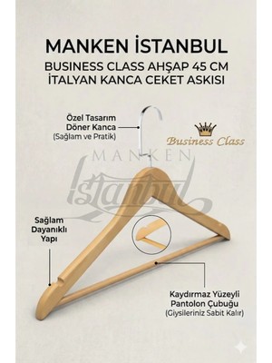 Manken İstanbul Business Class 45 cm Italyan Kanca 10 Adet Ceket Askısı Buluz Askısı Elbise Askısı Ahşap Askı