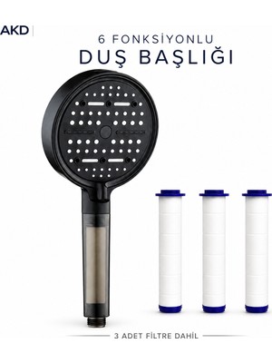 AKD Filtreli Duş Başlığı 6 Fonksiyonlu ve 3 Yedek Filtre