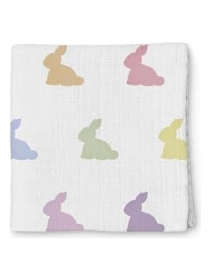 DMR Home Deux LAPINS%100 Pamuk Müslin Bebek Örtüsü, Çok Renkli Tavşan Desenli, 100X100 Cm, Lapin