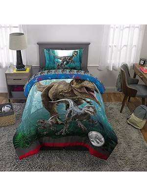 DMR Home World Dominion Mavi Velociraptor ve Rexy T-Rex Süper Yumuşak Mikrofiber Ters Çevrilebilir Yorgan, Çift Boy, Kids'den Yatak Takımı