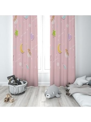 DMR Home Pelangi Pembe Ay Kalp ve Ayıcık Desenli Dijital Baskı Yıkanabilir Bebek Çocuk Odası Fon Perdesi, Açık Pembe-Sarı 140 x 240