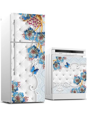 DMR Home Buzdolabı ve Bulaşık Makinası Beyaz Eşya Kaplama Döşeme Mavi Çiçek