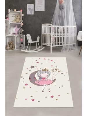 DMR Home Pelangi Prenses Ay Yıldız Desenli Dijital Baskılı Kaymaz Taban Leke Yıkanabilir Kız Çocuk Odası Halısı, Bej-Pembe 120 x 180