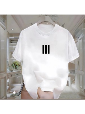 Rovel 3 Çizgi Baskılı Beyaz Oversize Erkek Tshirt