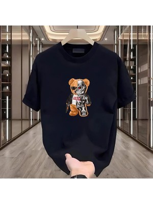 Rovel Robot Bear Baskılı Siyah Oversize Tshirt