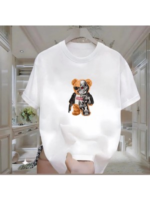 Rovel Robot Bear Baskılı Beyaz Oversize Tshirt