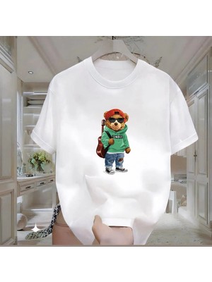 Rovel Gitarcı Ayı Baskılı Beyaz Oversize Tshirt
