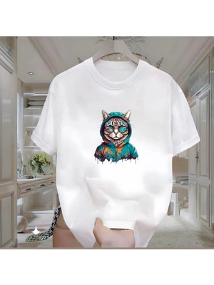 Rovel Gri Kedi Baskılı Beyaz Oversize Tshirt
