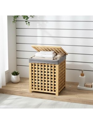 DMR Home Kare Bambu Çamaşır Sepeti (40X40X56 Cm) - Içi Bezli, Kapaklı Doğal Ahşap Kirli Sepeti