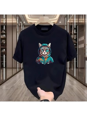 Rovel Gri Kedi Baskılı Siyah Oversize Tshirt