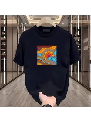 Rovel Ayçekirdeği Baskılı Siyah Oversize Tshirt
