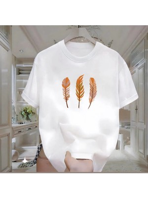 Rovel 3 Yaprak Baskılı Beyaz Oversize Tshirt