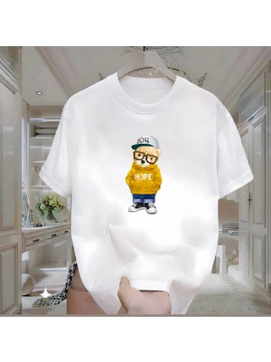 Rovel Hope Bear Baskılı Beyaz Oversize Tshirt