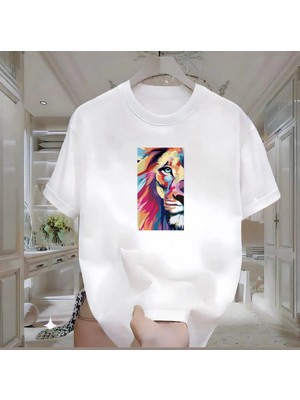 Rovel Leon Baskılı Beyaz Oversize Tshirt
