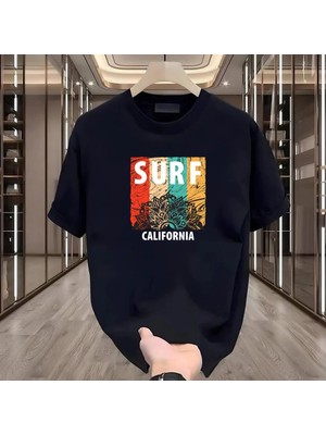 Rovel Surf Baskılı Siyah Oversize Tshirt