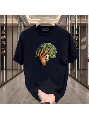 Rovel Elde Para Baskılı Siyah Oversize Tshirt