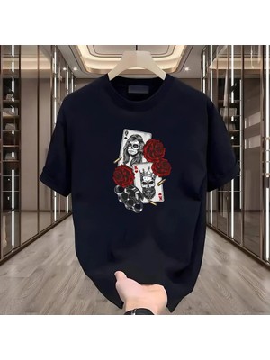 Rovel Kart Baskılı Siyah Oversize Tshirt
