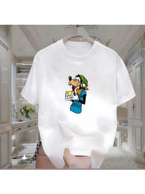 Rovel Goofy Goof Baskılı Beyaz Oversize Tshirt