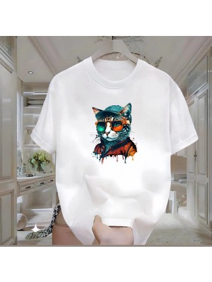 Rovel Gözlüklü Kedi Baskılı Beyaz Oversize Tshirt