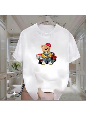 Rovel Kırmızı Arabalı Ayı Baskılı Beyaz Oversize Tshirt