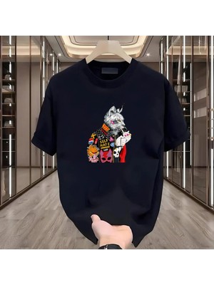 Rovel Kedi Baskılı Siyah Oversize Tshirt