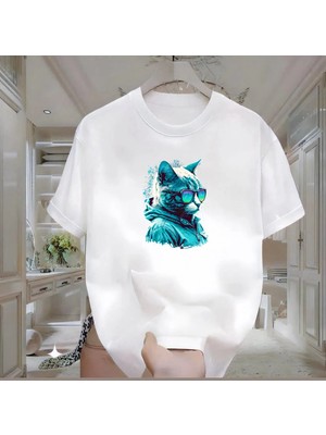 Rovel Gözlüklü Gri Kedi Baskılı Beyaz Oversize Tshirt