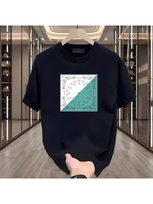 Rovel Gri Etnik Desen Baskılı Siyah Oversize Tshirt