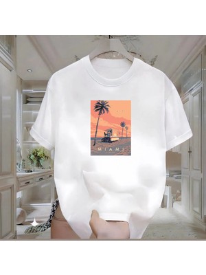 Rovel Miami Baskılı Beyaz Oversize Tshirt