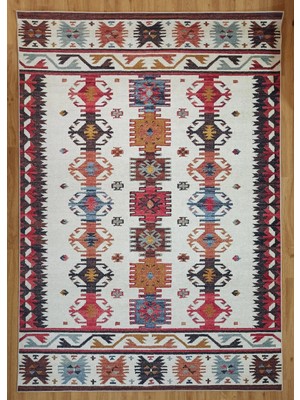 Pera Halı Krem ve Çok Renkli Geometrik Desenli Halı - 12479OU