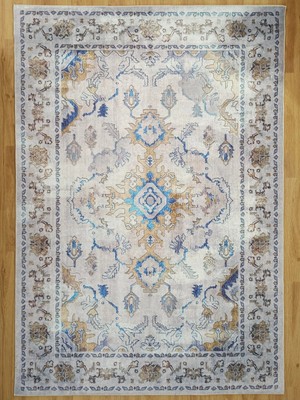 Pera Halı Bej ve Mavi Eskitme Desenli Vintage Halı - 12791OU