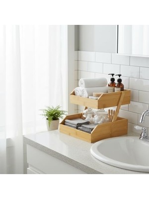 DMR Home Doğal Bambu Iki Katlı Dekoratif Mutfak ve Banyo Organizeri | Çok Amaçlı Düzenleyici Raf | Meyvelik, Sebzelik, Baharatlık, Banyo Rafı | 26X32X23 cm