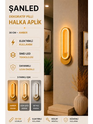 ŞANLED Dekoratif 20W Halka Modeli Iç Mekan 3 Renkli Işık Elektrikli 30 cm Duvar Aplik