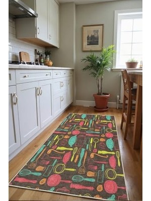DMR Home Azera Kadife Kaymaz Pamuk Tabanlı Yıkanabilir Antibakteriyel Mutfak Halısı 140X200