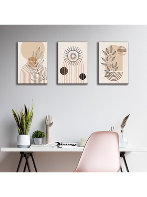 Tilki Dünyası 3'lü Bohem Kanvas Tablo Seti 1 - Modern Boho Duvar Dekoru - Geometrik ve Modern Çizgili 3 Parça Tablo