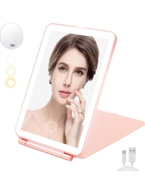 Expresstore Katlanabilir LED Işıklı Makyaj Aynası - 3 Farklı Renk Tonu 1x 10X Yakınlaştırma Dokunmatik Ekran Işık Seviye Ayarı Pembe