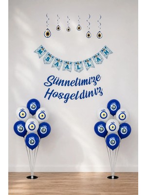 Sünnetimize Hoşgeldiniz  Banner, Maşallah Banner, Nazar Boncuğu Tavan Süs ve  2 Balon Standı ve 20 Adet Mavi-Beyaz Balon