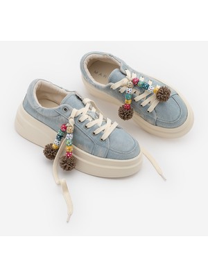 Marjin Kadın Sneaker Kalın Taban Denim Çıkarılabilir Boncuklu Tokalı Spor Ayakkabı Pevosa Mavi Kot