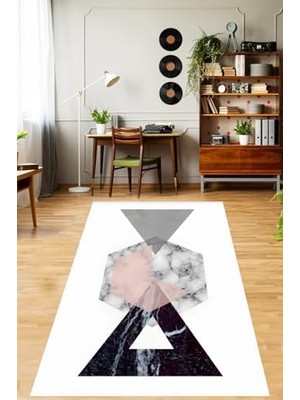 Expresstore Pelangi Mermer Desen Modern Geometrik Pembe Siyah Yıkanabilir Kaymaz Taban Leke Tutmaz Salon Halısı Yolluk, Gri-Pembe-Siyah 100 x 150