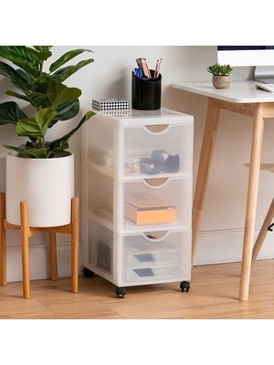 Expresstore Ohyama, Plastik Saklama Kulesi, 15 Litrelik Çalışma Masası Çekmecesi, Tekerlekli, DDDC-303, Beyaz, Ergonomik Sap G 37,5 x D 29 x Y 61,5 cm