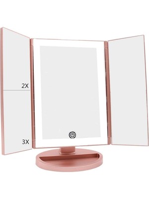 Expresstore Land Of Myth - 1X-2X-3X-10X Büyütmeli 37 LED Işıklı Makyaj Aynası, 3 Panel, Katlanabilir, Dokunmatik Sensörlü (Rose)
