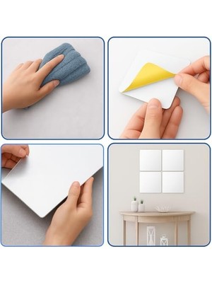 Expresstore 4 Adet Kendinden Yapışkanlı Pleksi Ayna Levha, Kırılmaz Akrilik Duvar Aynası, Dekoratif ve Modern Yapıştırmalı Panel, Hafif Parlak Pleksi Duvar Dekoru, Ev ve Ofis (4, Silver, 20X20)