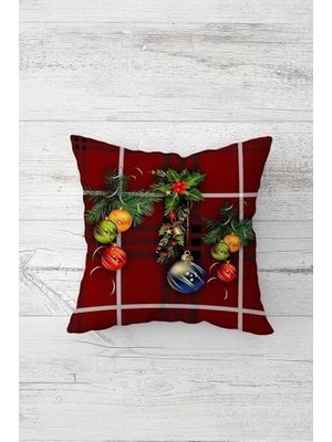 Expresstore Pelangi Yılbaşı Süslü Topları Çift Tarafı Baskılı Gizli Fermuarlı Yastık Kılıfı Kırlent Koltuk Yastık Kılıfı, Bordo-Sarı 45 x 45