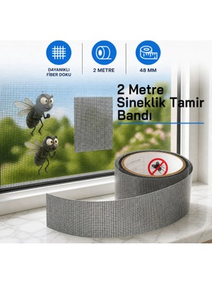 Yapışkanlı Sineklik Tülü Tamir Bandı Yırtık Kopmuş Delik Fiber Tül Yapıştırma Siyah 48 mm x 2 Metre