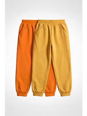 Perendi Unisex Çocuk Basic Jogger Eşofman Altı 2’li Set Hardal Turuncu Renkli Rahat Kesim