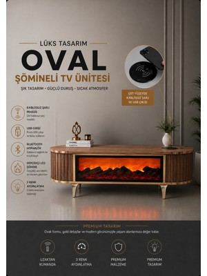 Hzl Mobilya Kablosuz Şarj Özellikli ,usb ve Type-C  Girişli, Bluetooth ve Hoparlörlü, Uzaktan Kumandalı  3 Farklı Renk 180 cm  Şömineli Tv Ünitesi Gold ve Gümüş Detaylı Beyaz,ceviz,antrasit