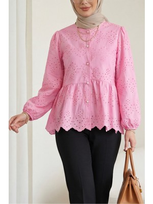 Moda Morfo Kolu Lastikli Ajurlu Düğmeli Astarlı Gömlek  -Pembe